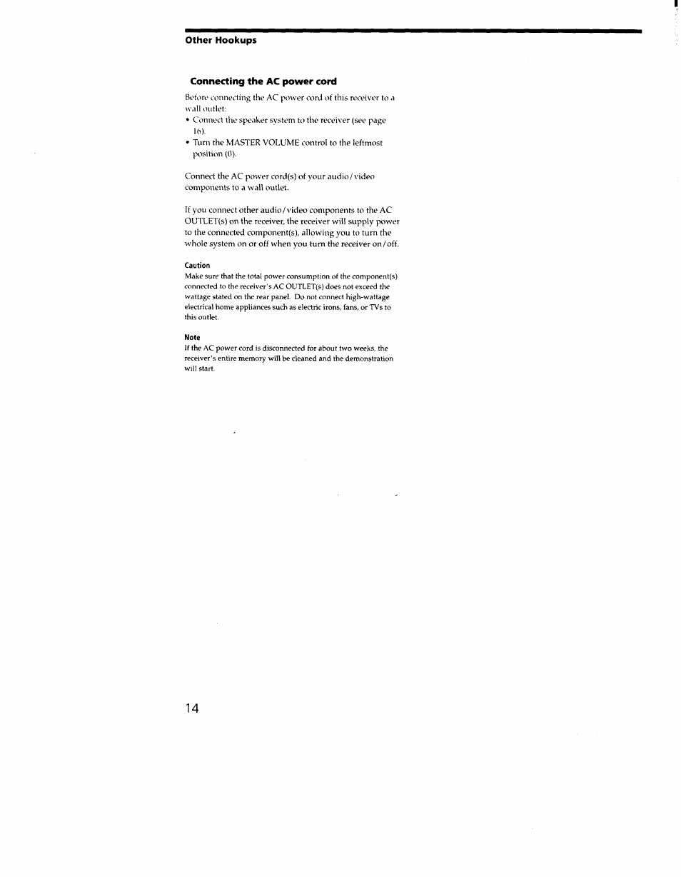Other hookups, Connecting the ac power cord, Caution | Note | Sony STR-DB930 User Manual | Page 14 / 58
