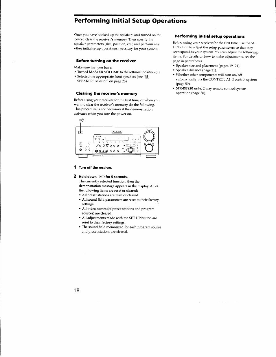 Performing initial setup operations, Before turning on the receiver, Clearing the receiver's memory | 1 turn off the receiver, 2 hold down l/(!) for s seconds | Sony STR-DB930 User Manual | Page 18 / 58