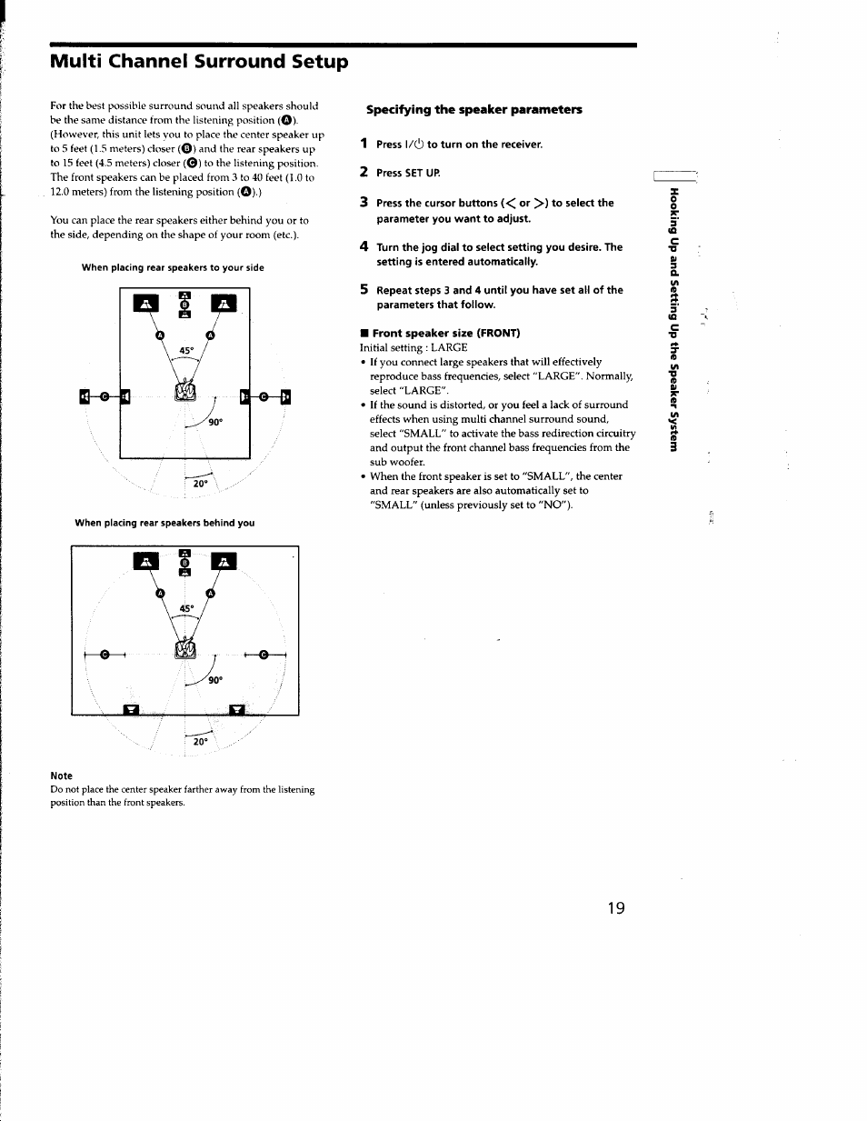 Specifying the speaker parameters, 1 press l/cl) to turn on the receiver, 2 press set up | Multi channel surround setup | Sony STR-DB930 User Manual | Page 19 / 58