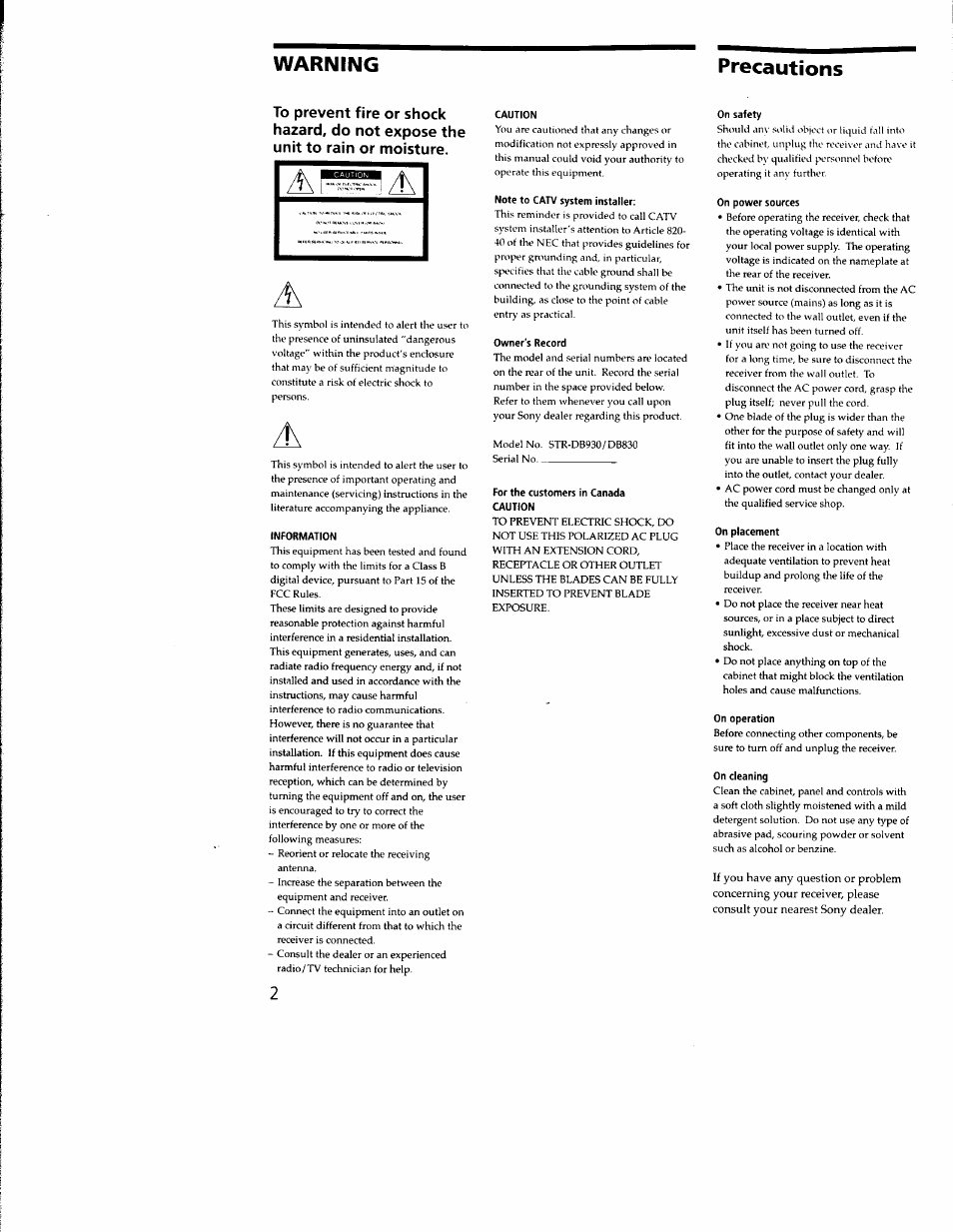 Precautions, Information, Caution | Note to catv system installer, Owner's record, For the customers in canada caution, On safety, On power sources, On placement, On operation | Sony STR-DB930 User Manual | Page 2 / 58