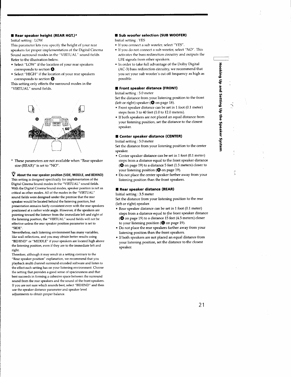 Rear speaker height (rear hgt.), Sub woofer selection (sub woofer), Front speaker distance (front) | Center speaker distance (center), Rear speaker distance (rear) | Sony STR-DB930 User Manual | Page 21 / 58
