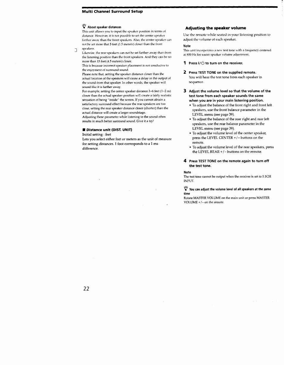 9 about speaker distances, Adjusting the speaker volume, Note | 1 press t/cl) to turn on the receiver, 2 press test tone on the supplied remote | Sony STR-DB930 User Manual | Page 22 / 58