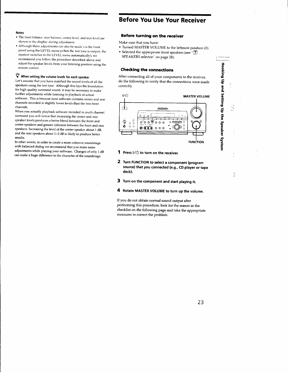 Before you use your receiver, Before turning on the receiver, Checking the connections | 1 press l/ci) to turn on the receiver, 3 turn on the component and start playing it, 4 rotate master volume to turn up the volume | Sony STR-DB930 User Manual | Page 23 / 58