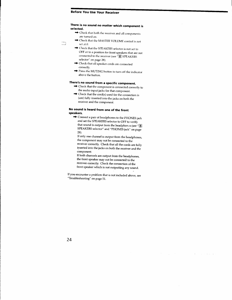 There's no sound from a specific component, No sound is heard from one of the front speakers | Sony STR-DB930 User Manual | Page 24 / 58