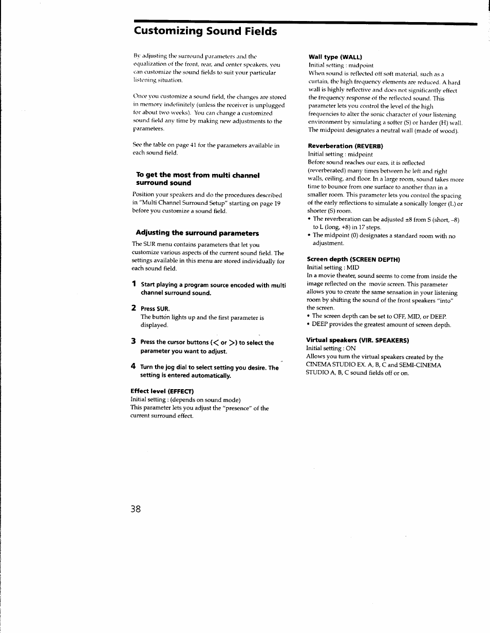 Customizing sound fields, To get the most from multi channel surround sound, Adjusting the surround parameters | 2 press sur, Wall type (wall) | Sony STR-DB930 User Manual | Page 38 / 58