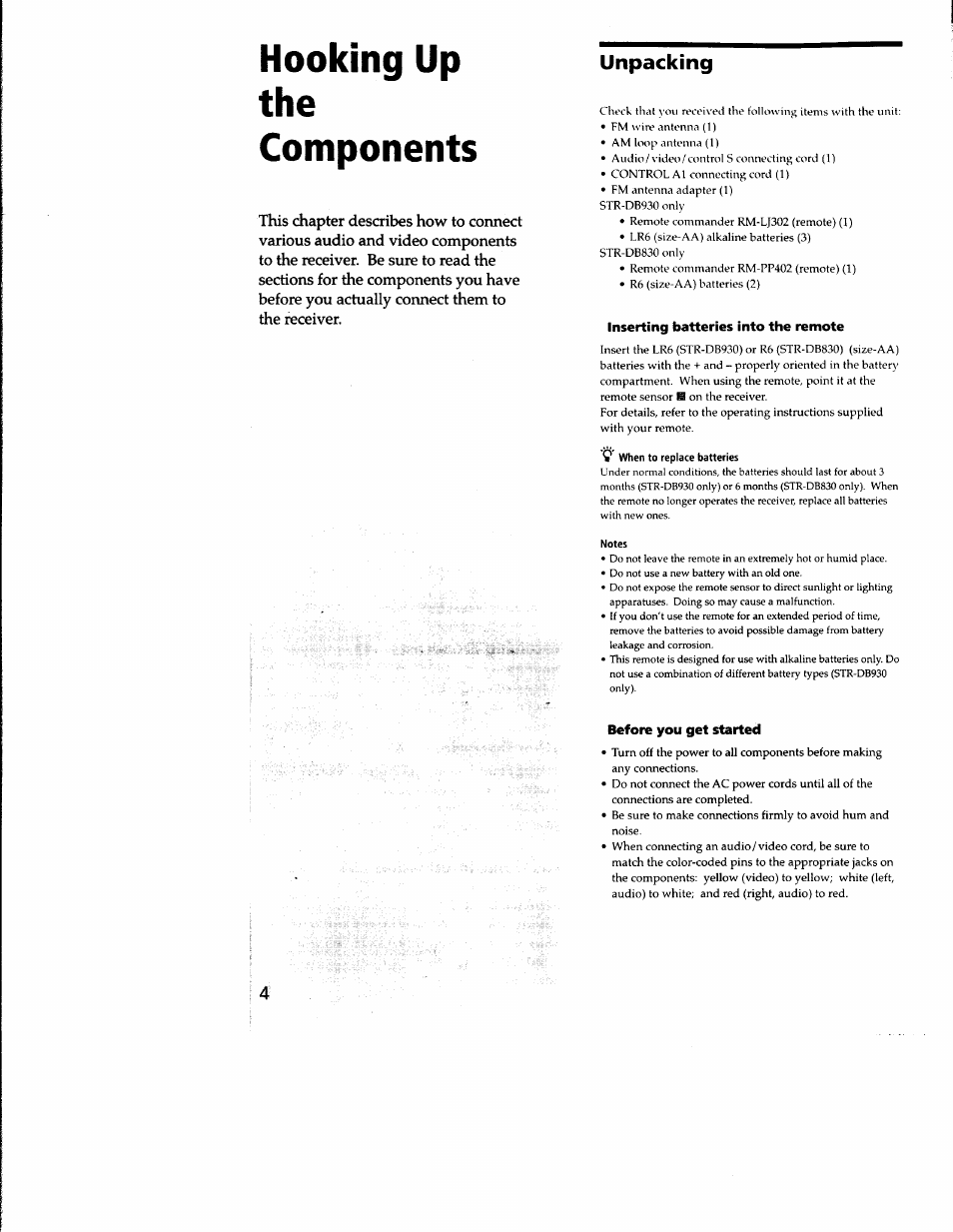 Unpacking, Inserting batteries into the remote, 9 when to replace batteries | Notes, Before you get started, Hooking up the components | Sony STR-DB930 User Manual | Page 4 / 58