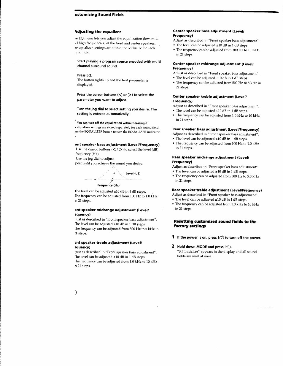 Adjusting the equalizer, Press eq, Level (db) | Frequency (hz), 2 hold down mode and press \/(b | Sony STR-DB930 User Manual | Page 40 / 58