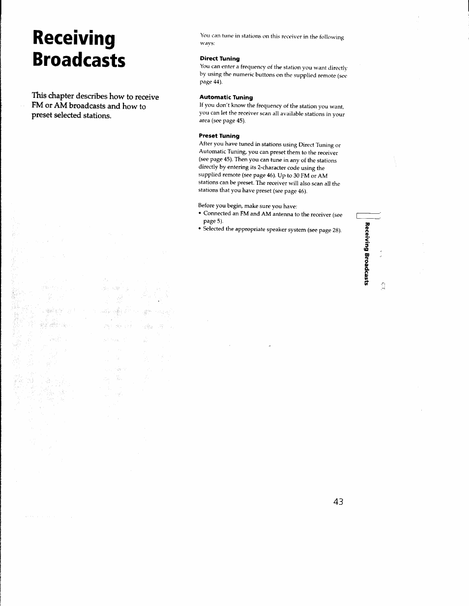Receiving, Broadcasts, Receiving broadcasts | Sony STR-DB930 User Manual | Page 43 / 58
