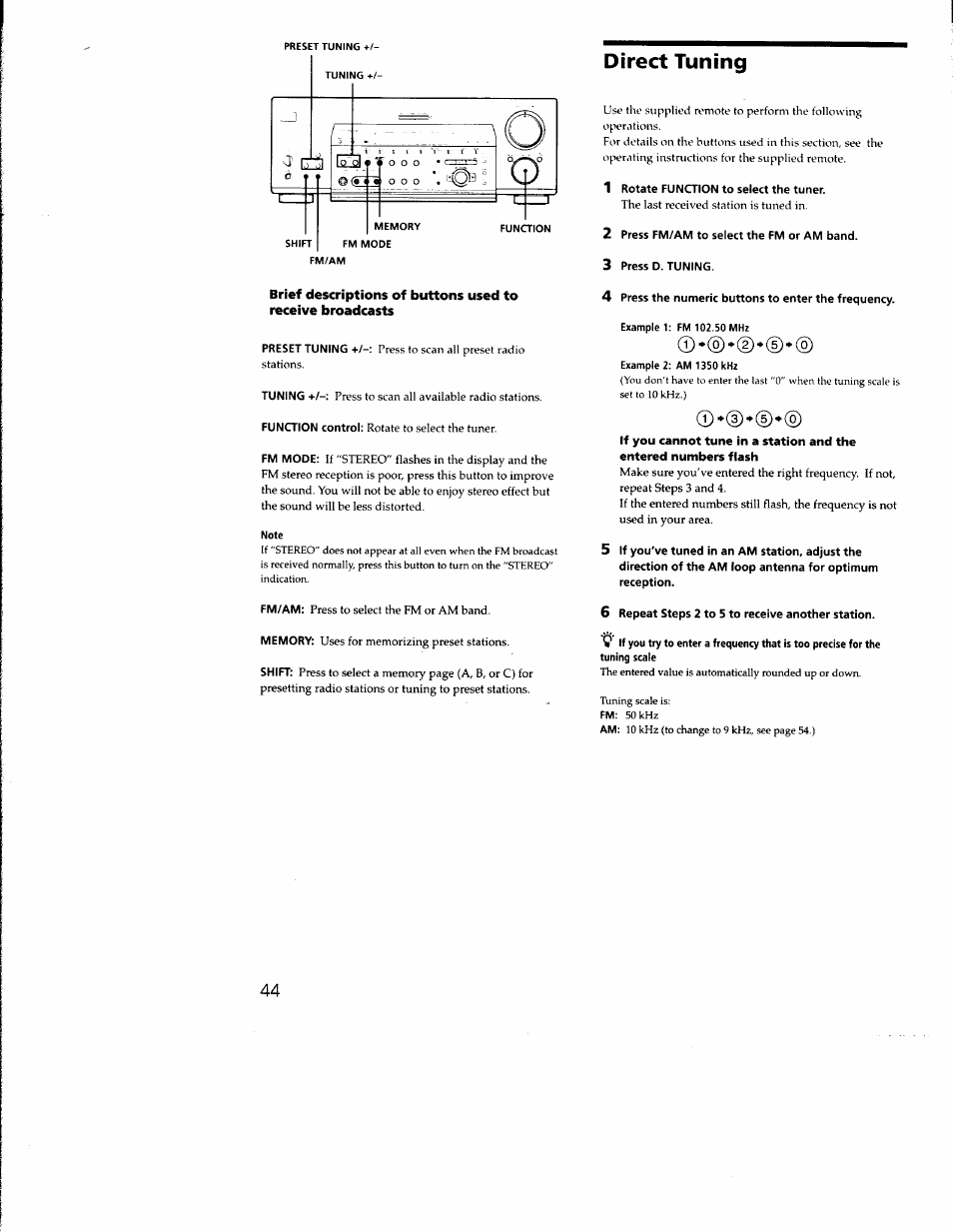 Direct tuning, Note, 1 rotate function to select the tuner | 2 press fm/am to select the fm or am band, 3 press d. tuning, 4 press the numeric buttons to enter the frequency, 6 repeat steps 2 to 5 to receive another station | Sony STR-DB930 User Manual | Page 44 / 58