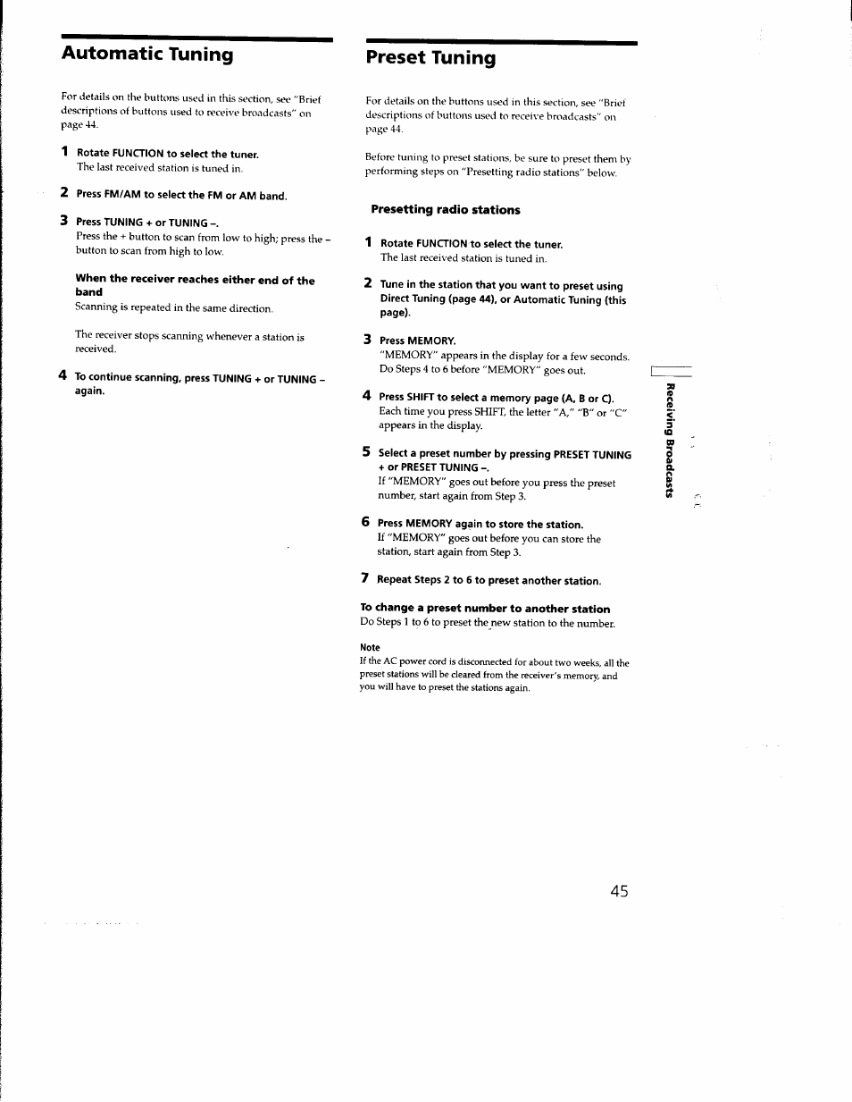 1 rotate function to select the tuner, 2 press fm/am to select the fm or am band, 3 press tuning + or tuning | Presetting radio stations, When the receiver reaches either end of the band, Press memory, 6 press memory again to store the station, 7 repeat steps 2 to 6 to preset another station, To change a preset number to another station, Automatic tuning preset tuning | Sony STR-DB930 User Manual | Page 45 / 58