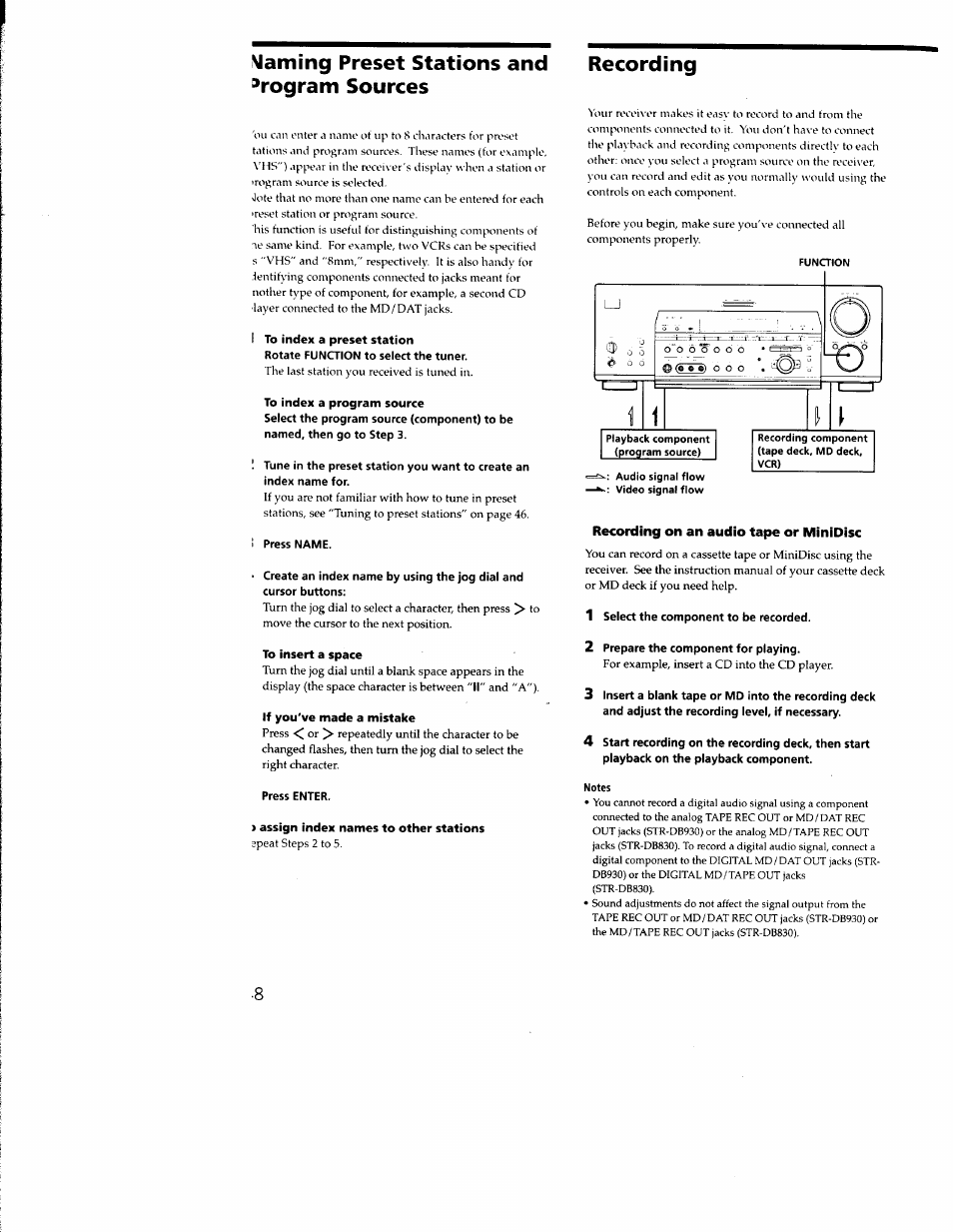 Maming preset stations and ^’rogram sources, Recording, Recording on an audio tape or minidisc | Sony STR-DB930 User Manual | Page 48 / 58