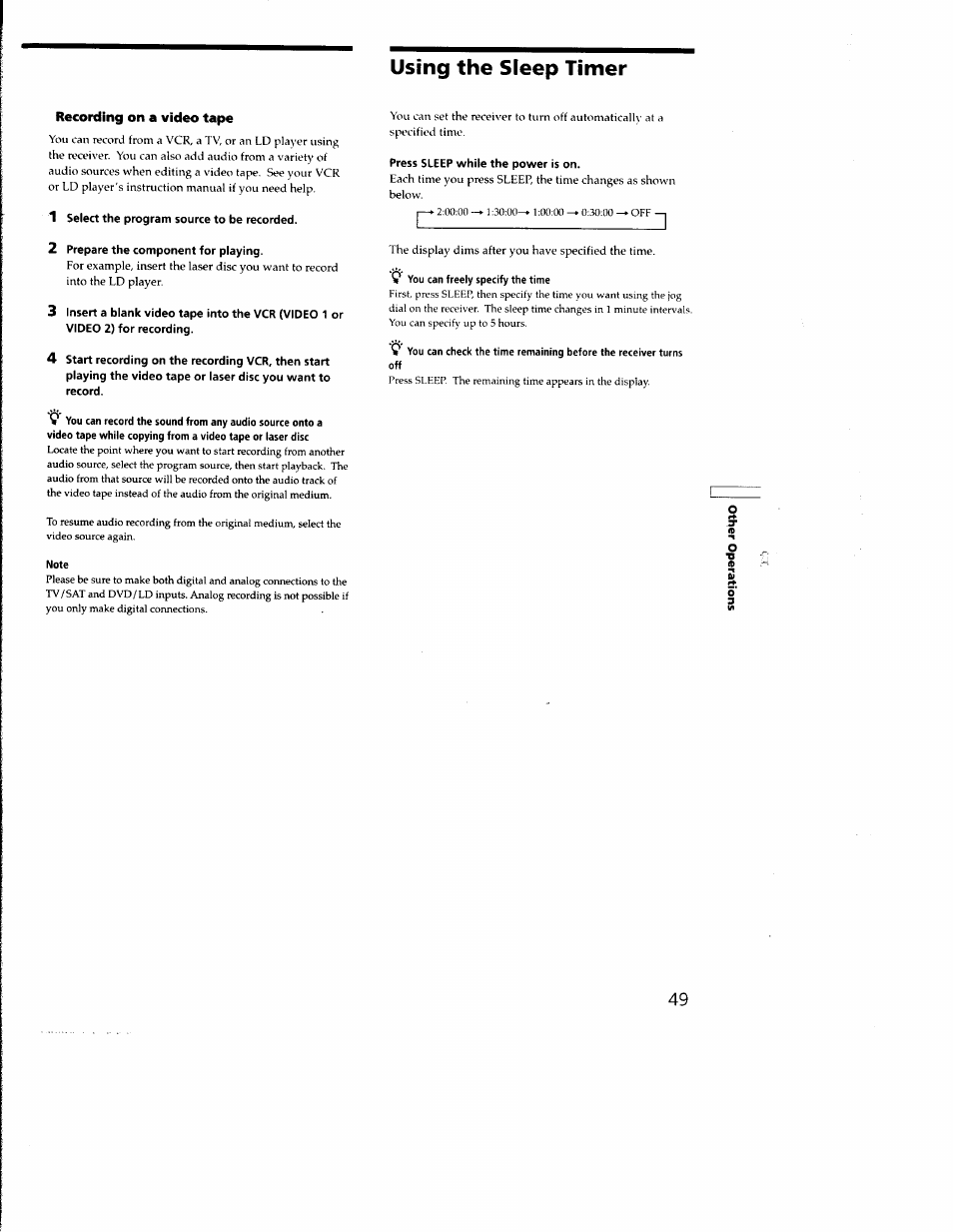 Using the sleep timer, Recording on a video tape, 1 select the program source to be recorded | 2 prepare the component for playing, Press sleep while the power is on | Sony STR-DB930 User Manual | Page 49 / 58