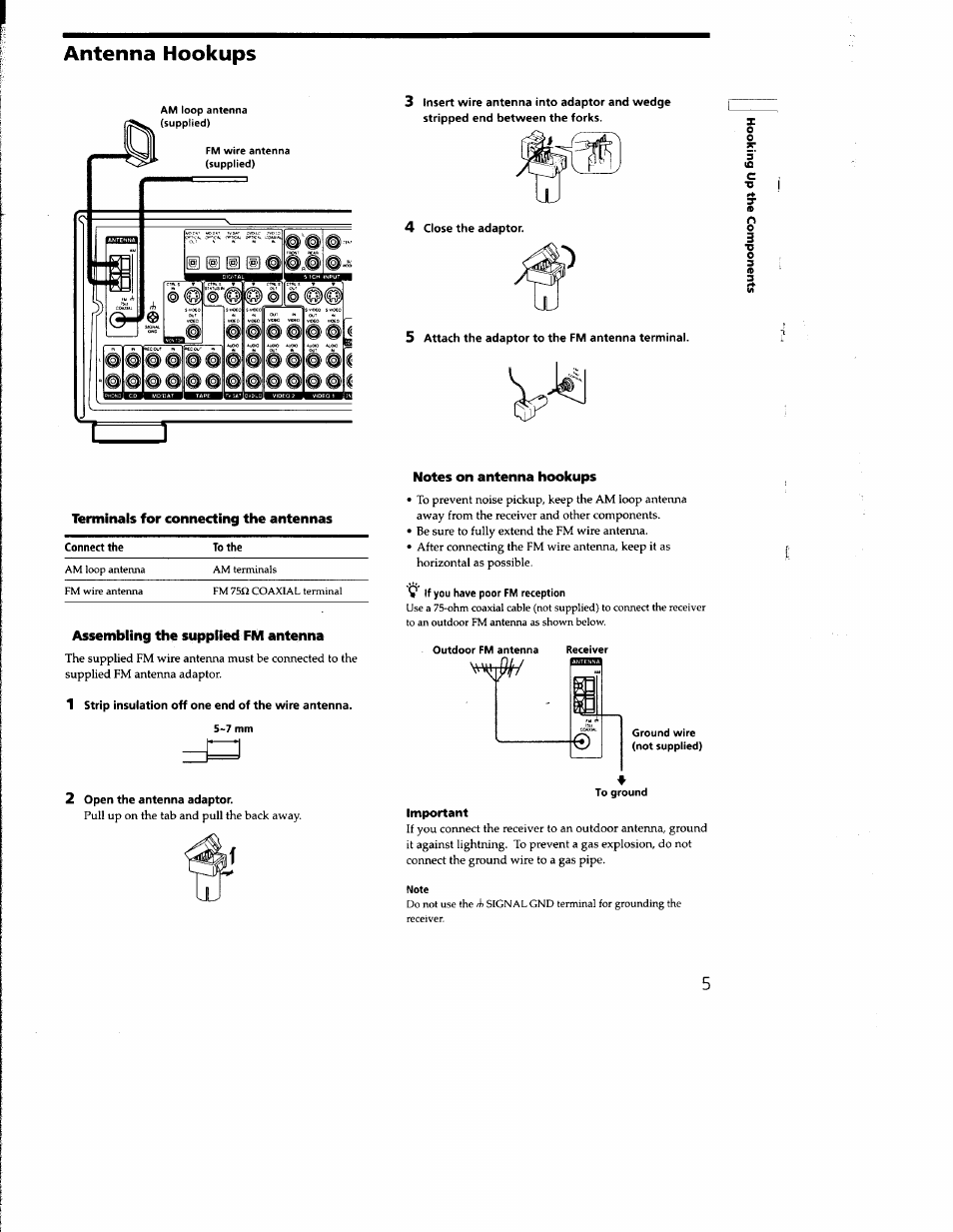 Antenna hookups, Terminals for connecting the antennas, Assembling the supplied fm antenna | 1 strip insulation off one end of the wire antenna, 7 mm, 2 open the antenna adaptor, 4 close the adaptor, 5 attach the adaptor to the fm antenna terminal, Notes on antenna hookups, Note | Sony STR-DB930 User Manual | Page 5 / 58