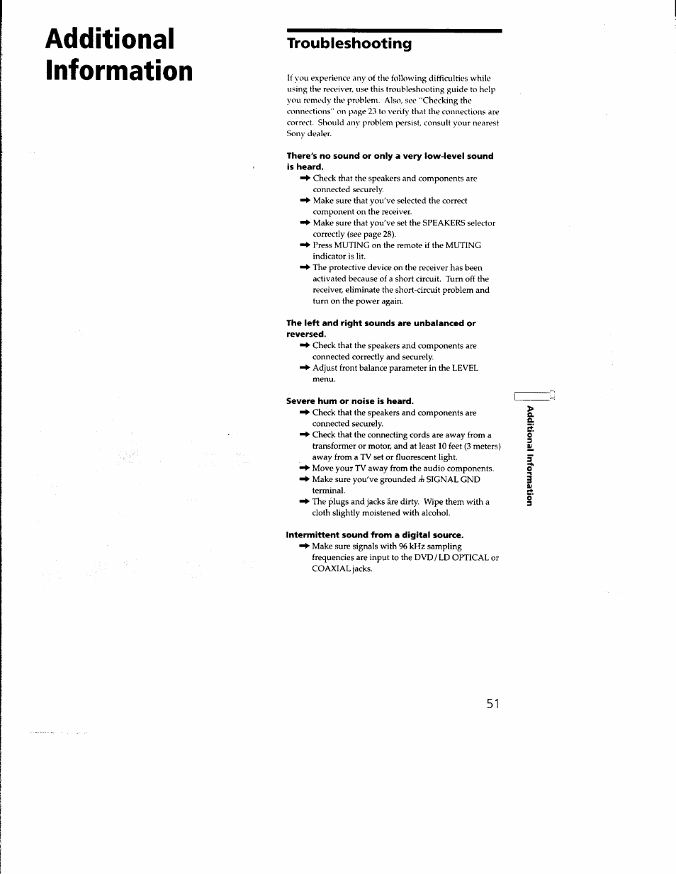 Troubleshooting, Severe hum or noise is heard, Intermittent sound from a digital source | Additional information | Sony STR-DB930 User Manual | Page 51 / 58