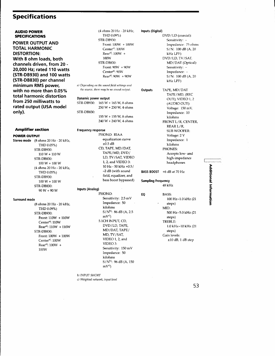 Specifications, Audio power specifications, Amplifier section | Dynamic power output, Frequency response, Inputs (analog), Surround mode, Inputs (digital), Sampling frequency | Sony STR-DB930 User Manual | Page 53 / 58