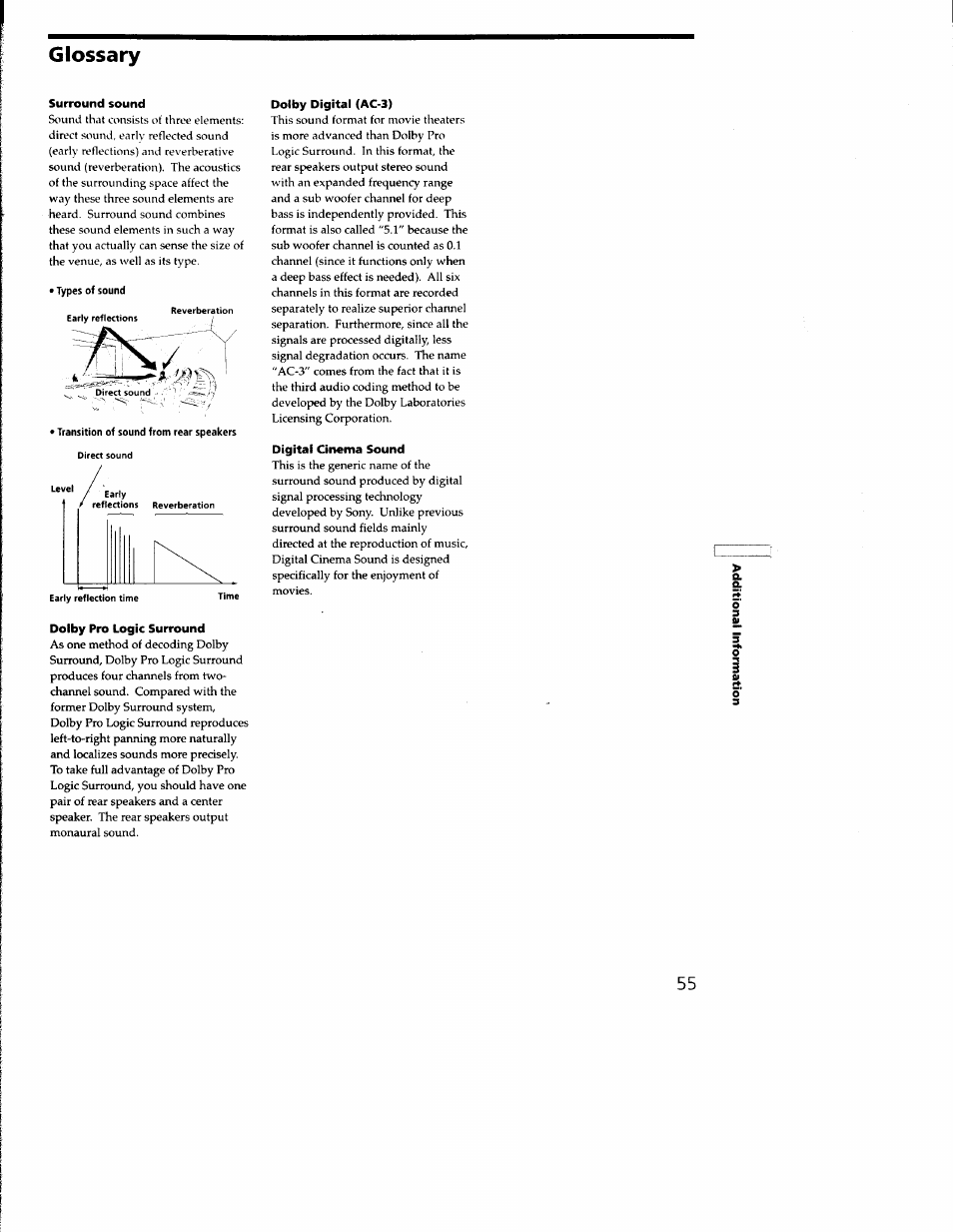 Glossary, Surround sound, Types of sound | Dolby pro logic surround, Dolby digital (ac-3), Digital cinema sound | Sony STR-DB930 User Manual | Page 55 / 58