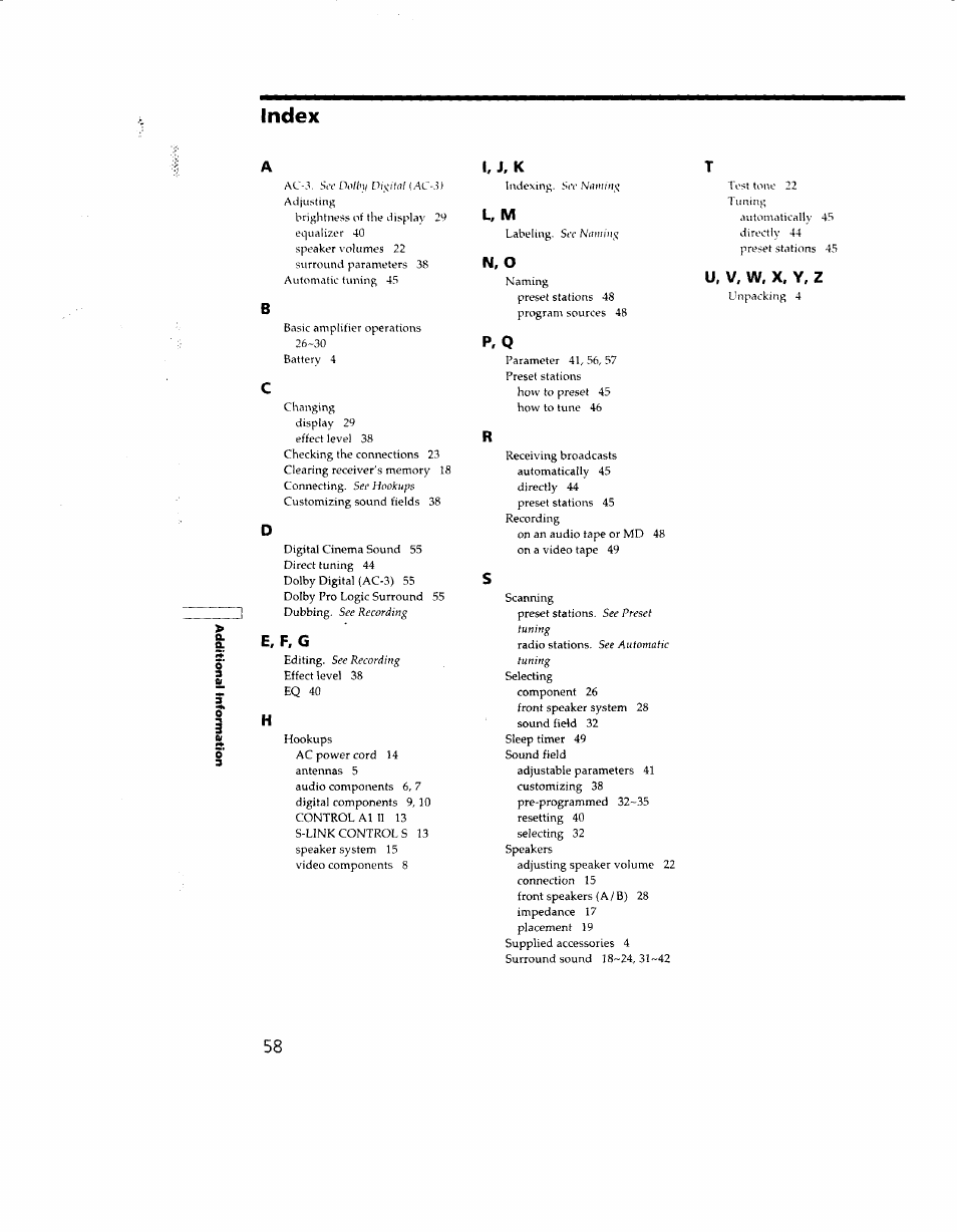 E, f, g, I, j, k, L, m | N, o, P, q, Index | Sony STR-DB930 User Manual | Page 58 / 58