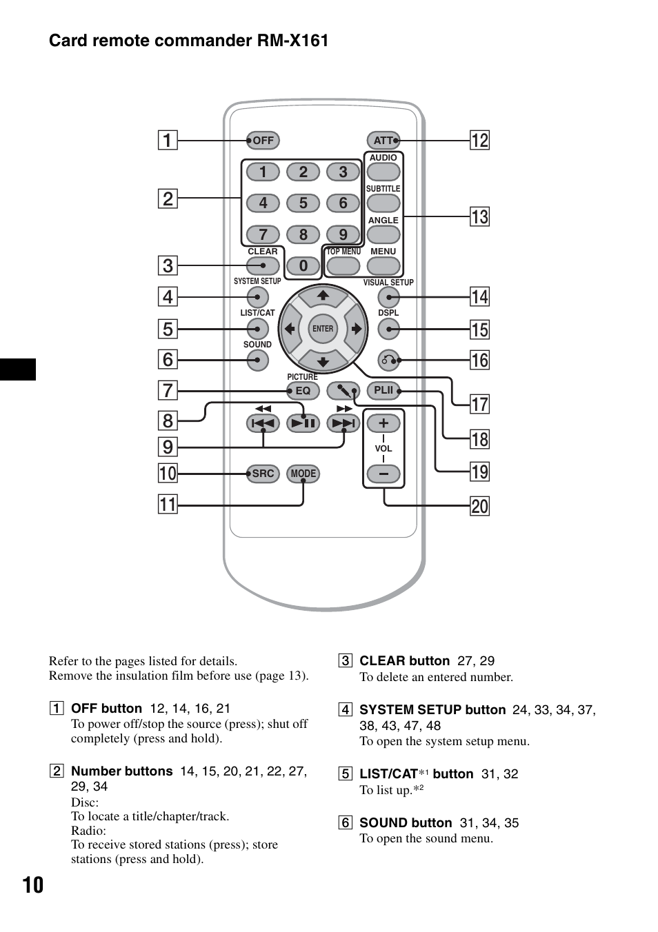 Card remote commander rm-x161 | Sony MEX-DV2000 User Manual | Page 10 / 192