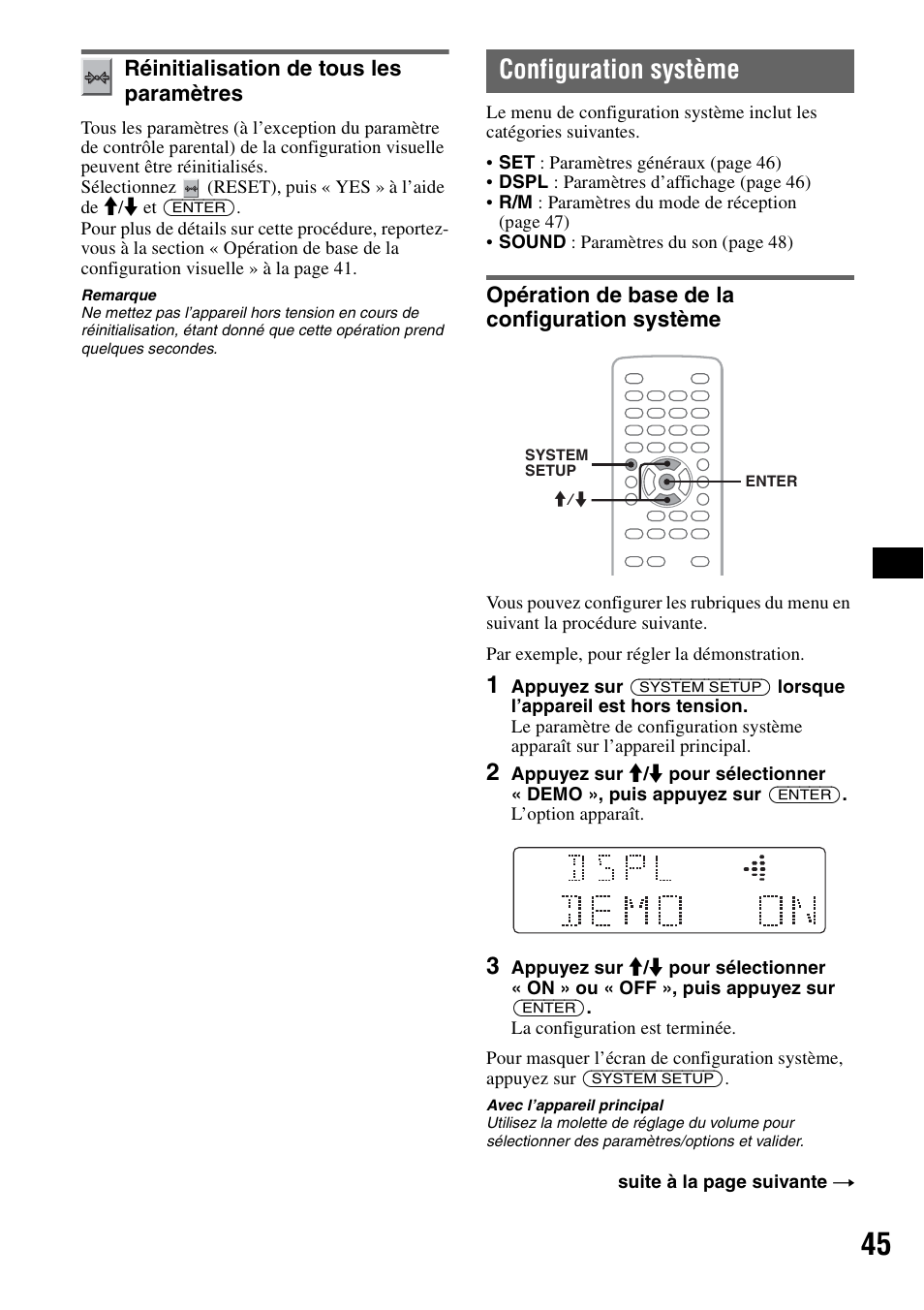 Réinitialisation de tous les paramètres, Configuration système, Opération de base de la configuration système | E réinitia | Sony MEX-DV2000 User Manual | Page 105 / 192