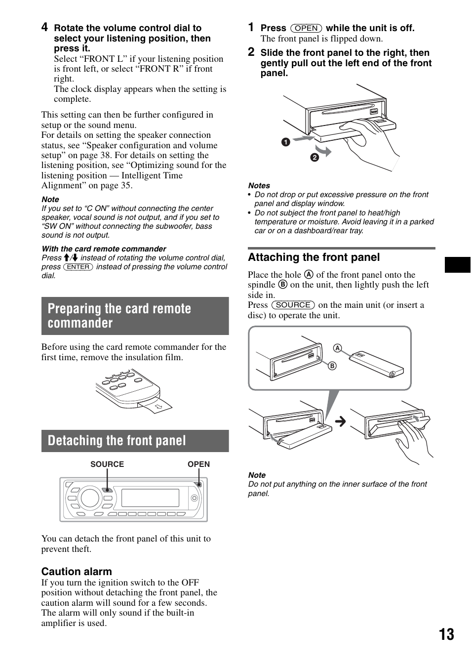 Preparing the card remote commander, Detaching the front panel, Attaching the front panel | Sony MEX-DV2000 User Manual | Page 13 / 192