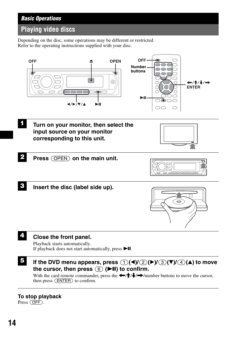 Basic operations, Playing video discs, B 14 | Press (open) on the main unit, Insert the disc (label side up), Close the front panel | Sony MEX-DV2000 User Manual | Page 14 / 192