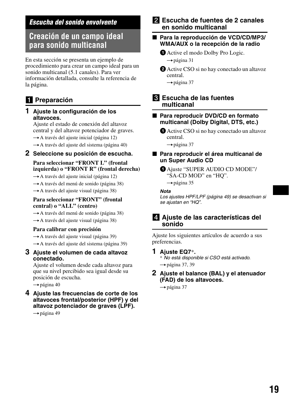 Escucha del sonido envolvente, Creación de un campo ideal para sonido multicanal | Sony MEX-DV2000 User Manual | Page 143 / 192