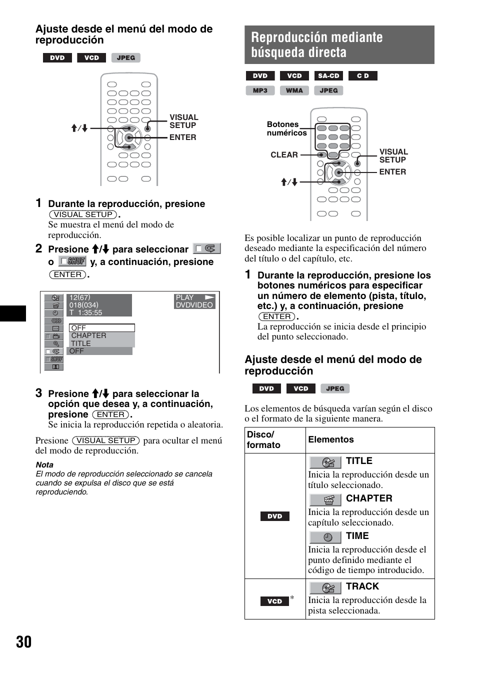 Reproducción mediante búsqueda directa, R 30, Ajuste desde el menú del modo de reproducción | Sony MEX-DV2000 User Manual | Page 154 / 192