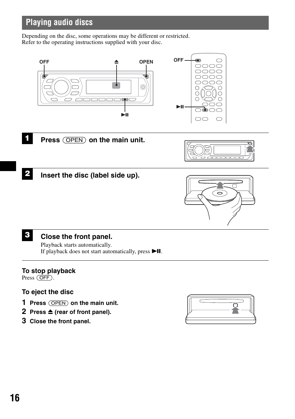 Playing audio discs | Sony MEX-DV2000 User Manual | Page 16 / 192