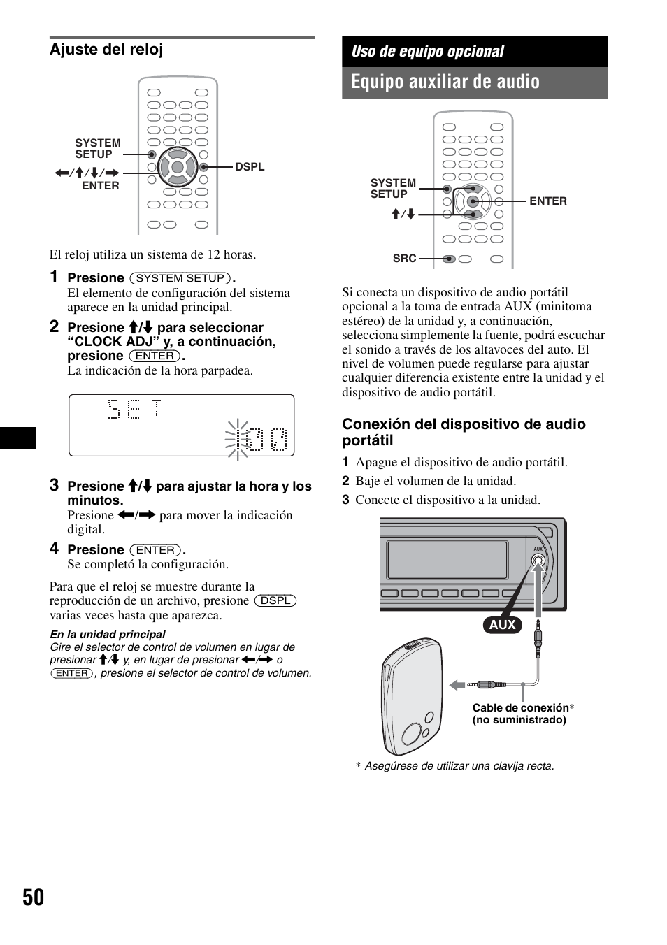 Ajuste del reloj, Uso de equipo opcional, Equipo auxiliar de audio | Conexión del dispositivo de audio portátil | Sony MEX-DV2000 User Manual | Page 174 / 192
