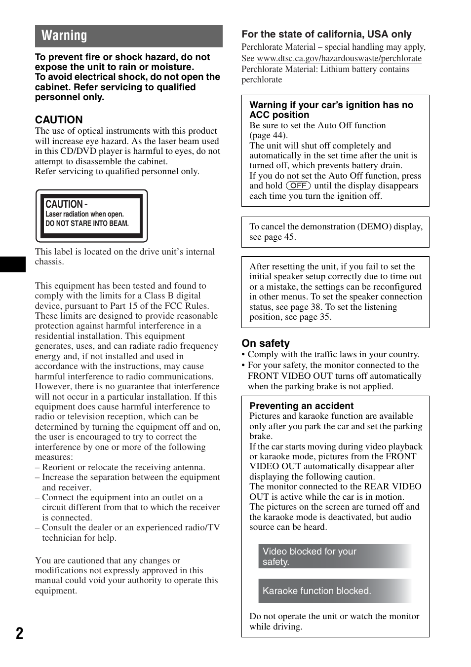 Warning | Sony MEX-DV2000 User Manual | Page 2 / 192