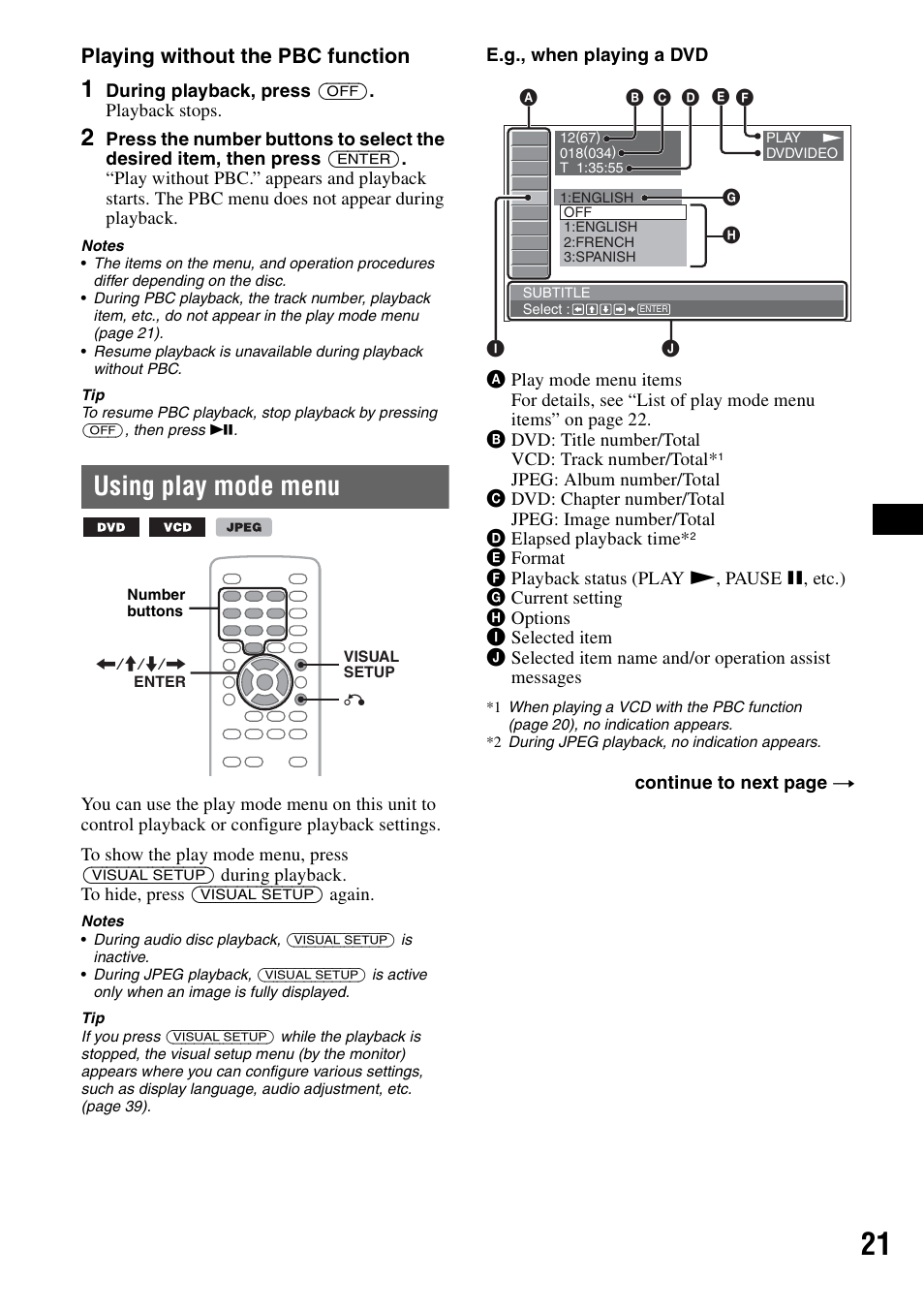 Using play mode menu, Playing without the pbc function | Sony MEX-DV2000 User Manual | Page 21 / 192