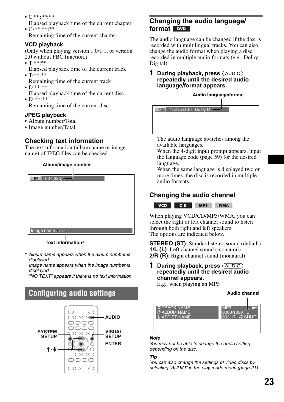 Configuring audio settings, Changing the audio language/ format, Changing the audio language/format | Checking text information, Changing the audio channel | Sony MEX-DV2000 User Manual | Page 23 / 192