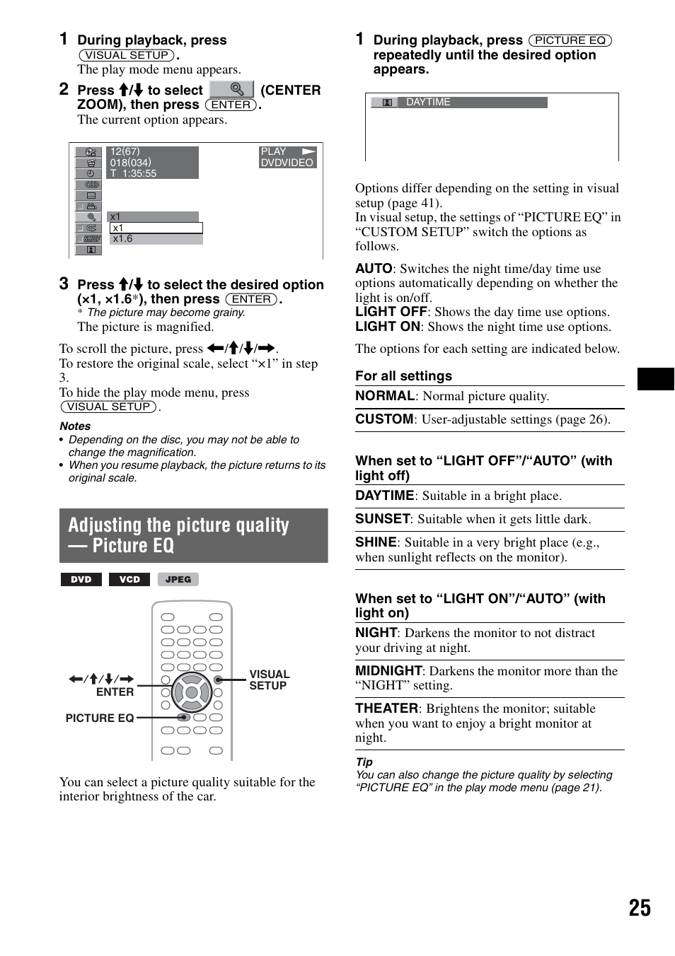 Adjusting the picture quality - picture eq, Adjusting the picture quality — picture eq, E eq 25 | Sony MEX-DV2000 User Manual | Page 25 / 192