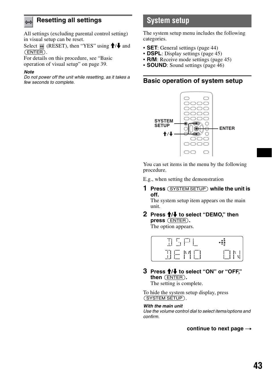 Resetting all settings, System setup, Basic operation of system setup | Ll setting it | Sony MEX-DV2000 User Manual | Page 43 / 192