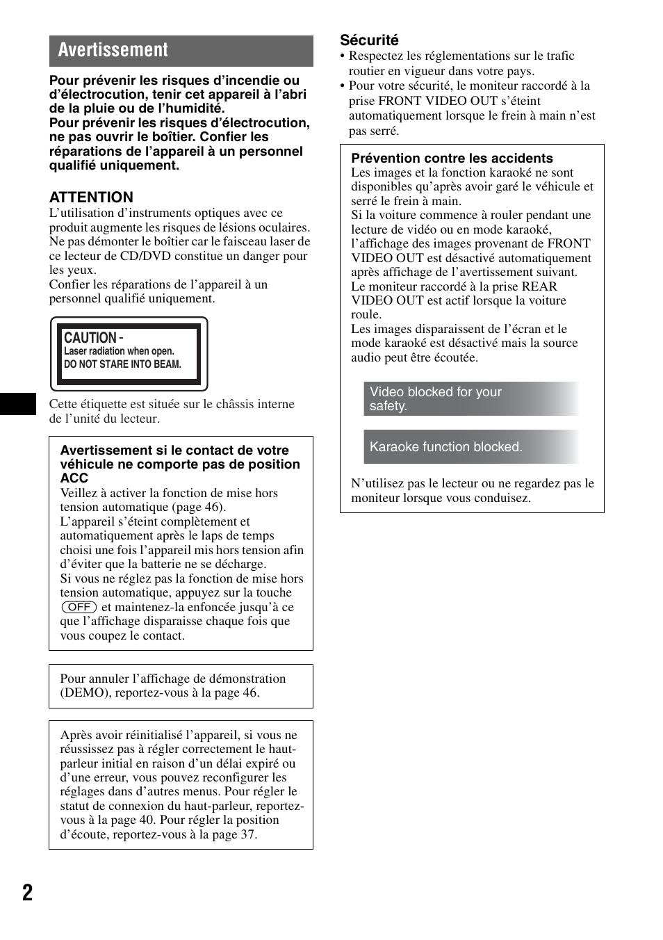 Avertissement | Sony MEX-DV2000 User Manual | Page 62 / 192