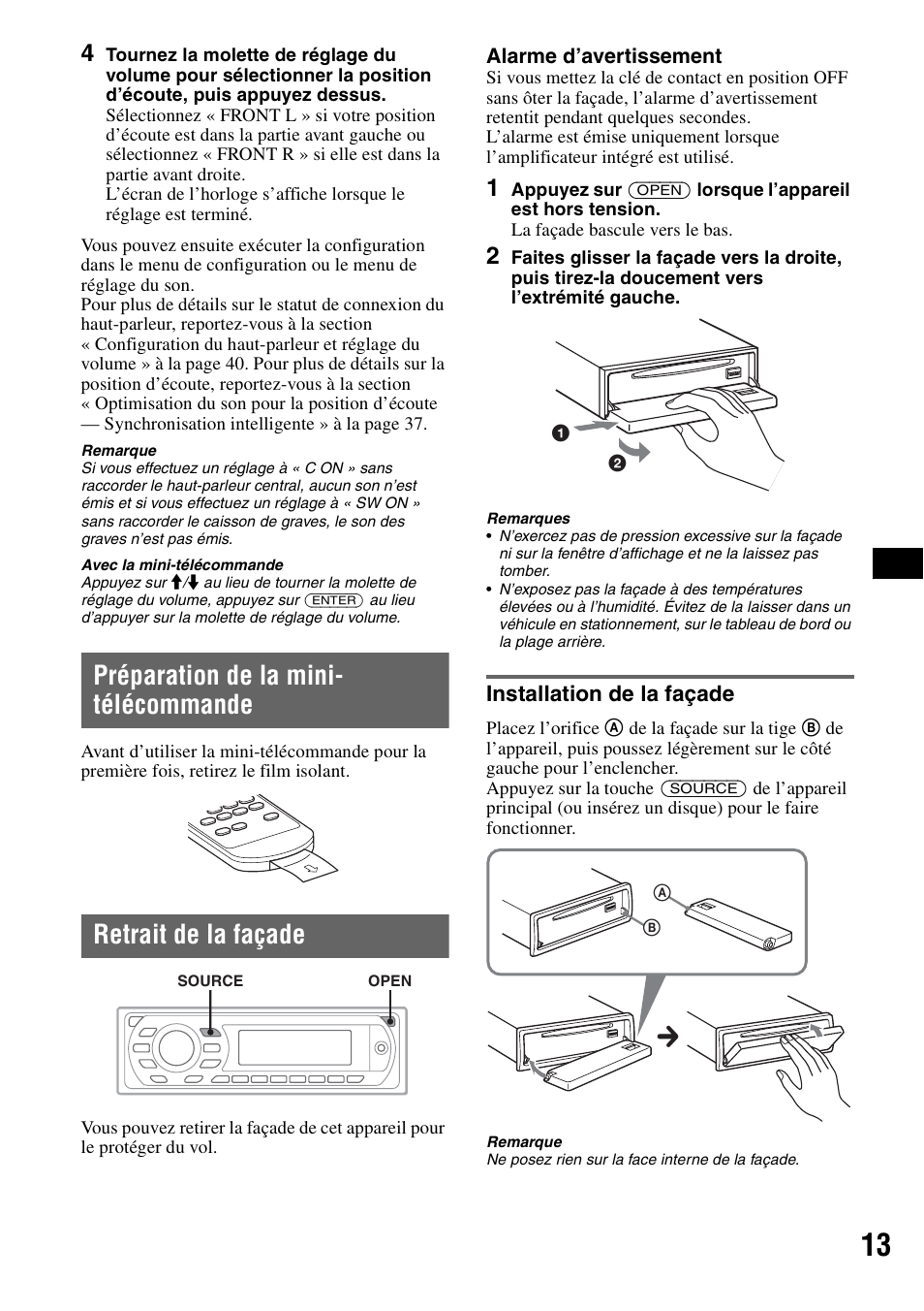 Préparation de la mini- télécommande, Retrait de la façade, Installation de la façade | Préparation de la mini-télécommande | Sony MEX-DV2000 User Manual | Page 73 / 192