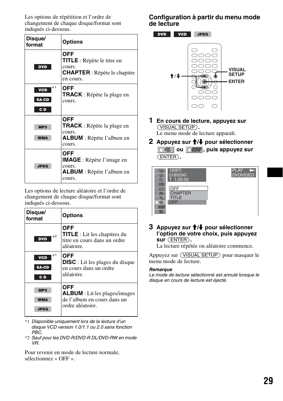Configuration à partir du menu mode de lecture | Sony MEX-DV2000 User Manual | Page 89 / 192