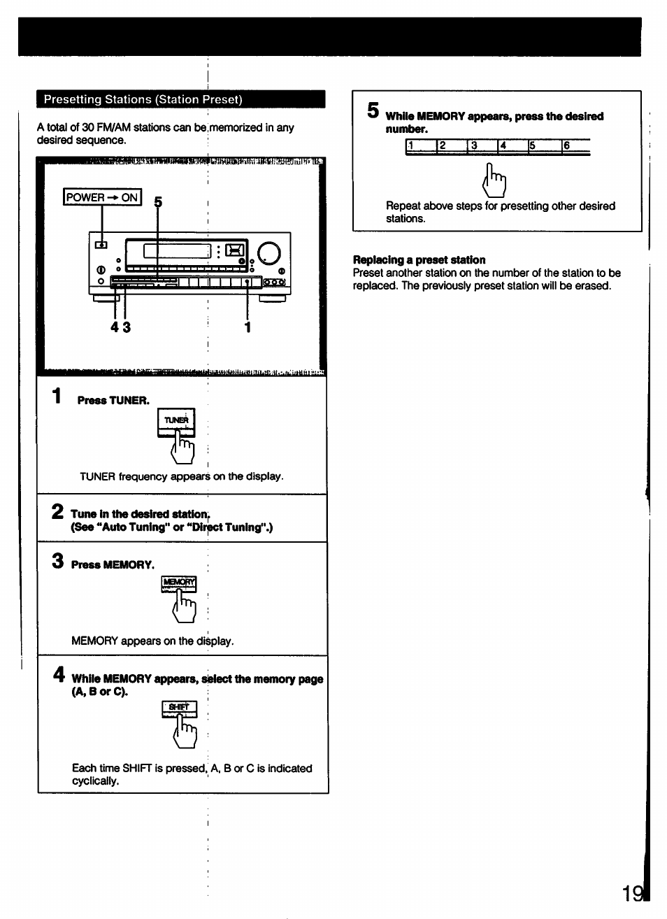 Tune in the desired station, Press memory, Replacing a preset station | Sony STR-D790 User Manual | Page 19 / 40