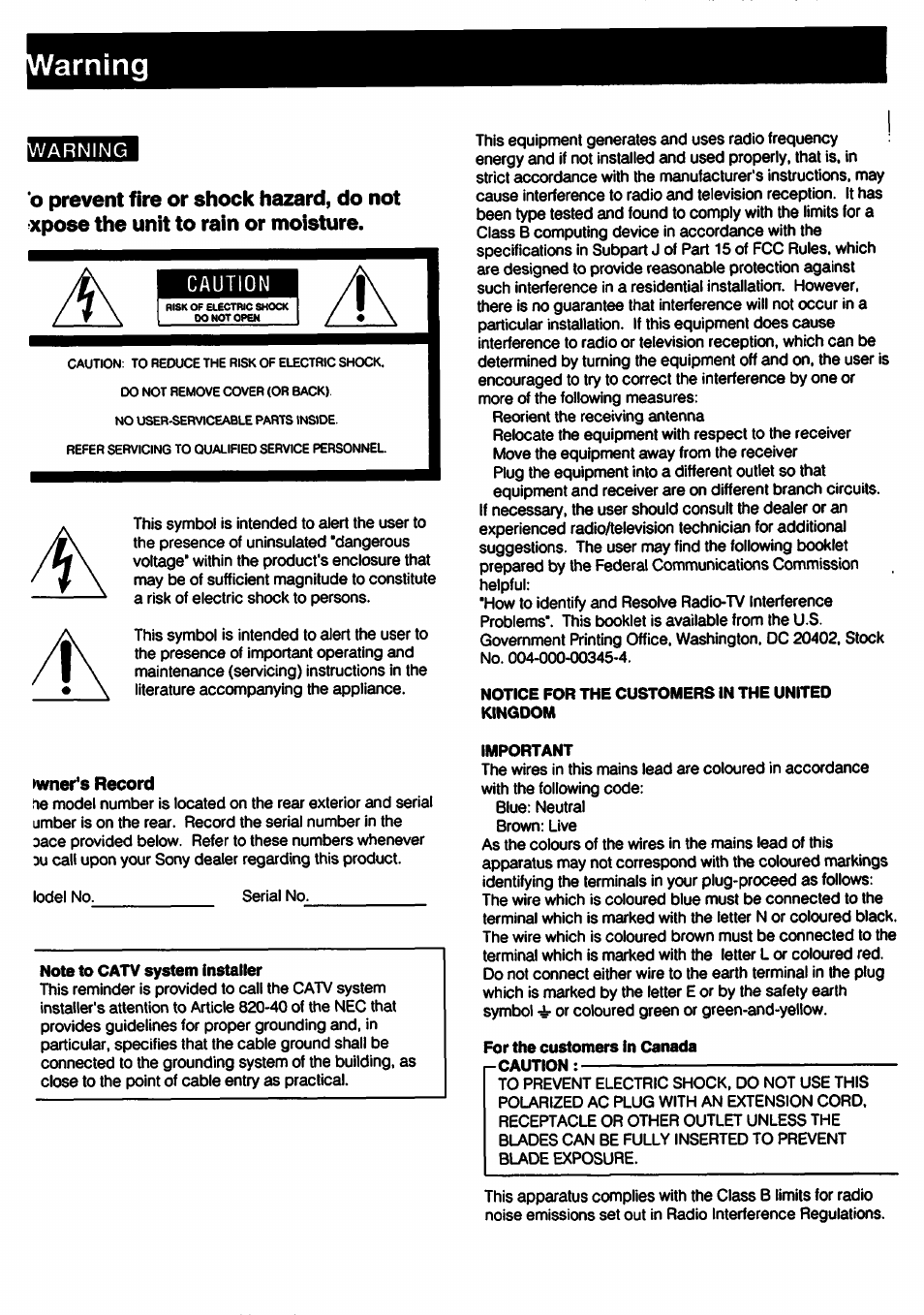 Notice for the customers in the united kingdom, Important, For the customers in canada | I-caution | Sony STR-D790 User Manual | Page 2 / 40
