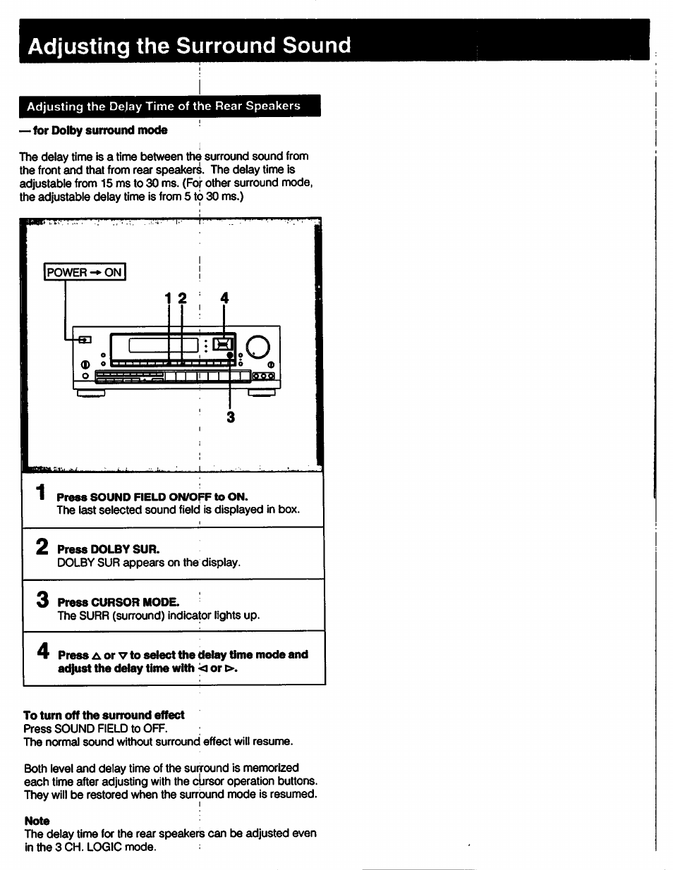 Adjusting the surround sound, For dolby surround mode, Press dolby sur | Press cursor mode, To turn off the surround effect, Note | Sony STR-D790 User Manual | Page 29 / 40