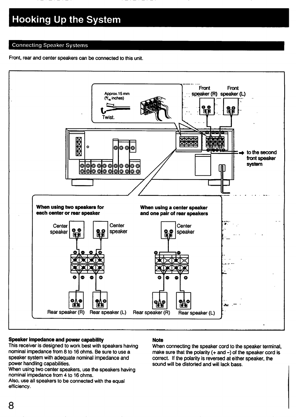 Speaker impedance and power capability, Note, Hooking up the system | Sony STR-D790 User Manual | Page 8 / 40