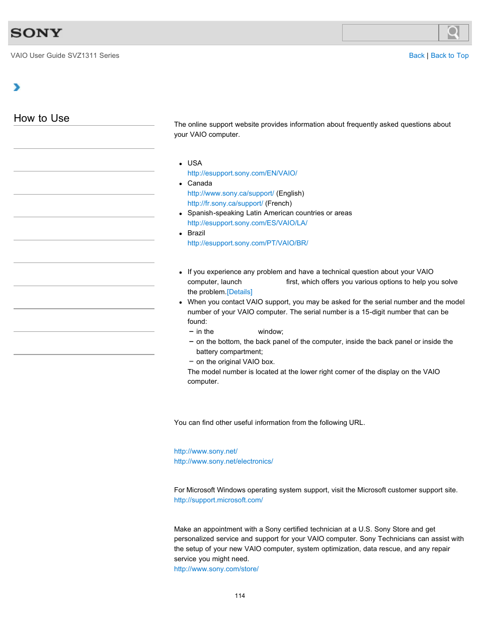 Details, About online support website, How to use | Sony SVZ13116GXX User Manual | Page 114 / 411