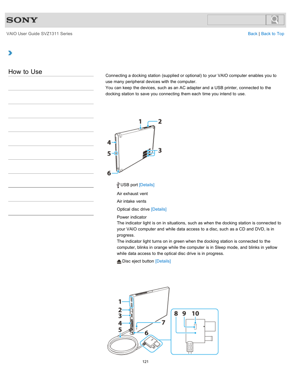 Parts and controls on the docking station, How to use | Sony SVZ13116GXX User Manual | Page 121 / 411