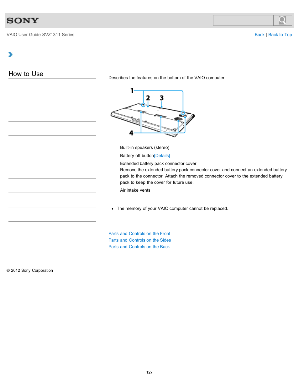 Parts and controls on the bottom, How to use | Sony SVZ13116GXX User Manual | Page 127 / 411