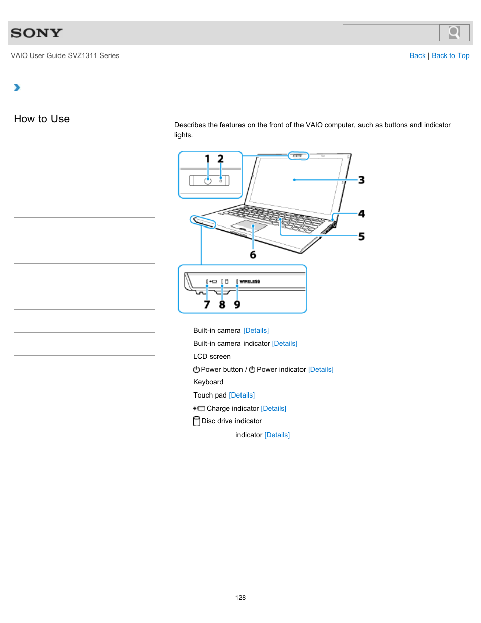 Parts and controls on the front, How to use | Sony SVZ13116GXX User Manual | Page 128 / 411