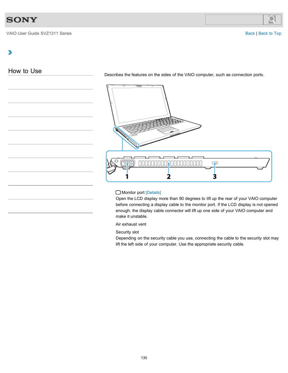 Parts and controls on the sides, How to use | Sony SVZ13116GXX User Manual | Page 130 / 411