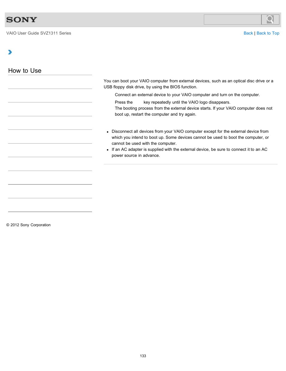 Booting your vaio computer from external devices, How to use | Sony SVZ13116GXX User Manual | Page 133 / 411