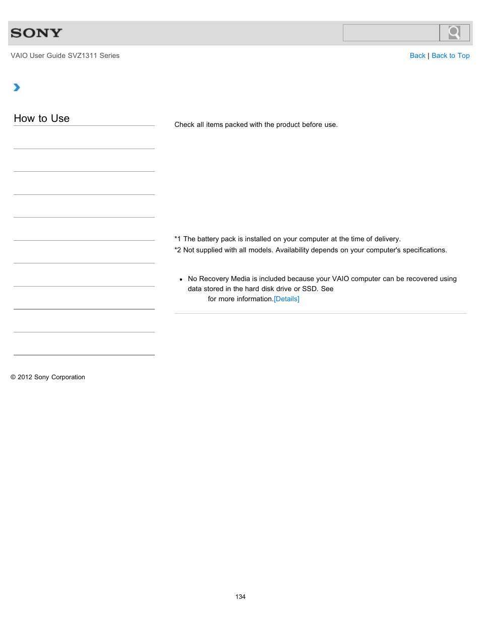 Checking supplied items, How to use | Sony SVZ13116GXX User Manual | Page 134 / 411