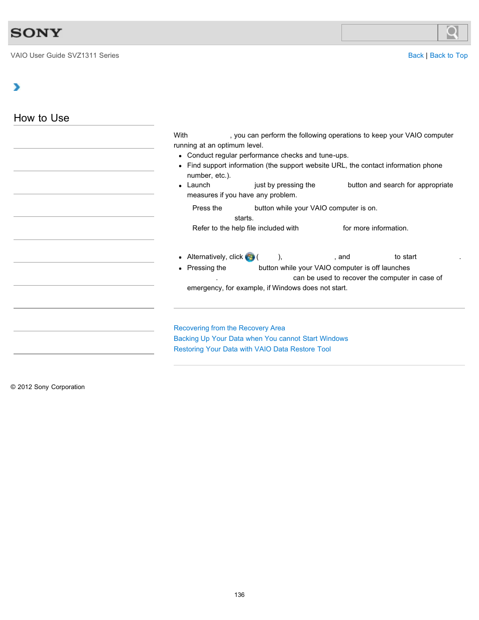 Problem, Details, How to use | Sony SVZ13116GXX User Manual | Page 136 / 411