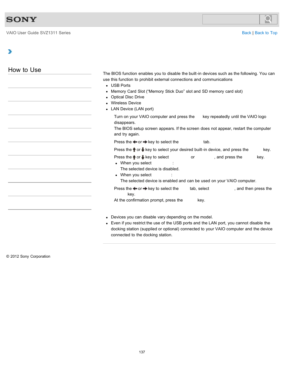 Restricting the use of built-in devices, How to use | Sony SVZ13116GXX User Manual | Page 137 / 411